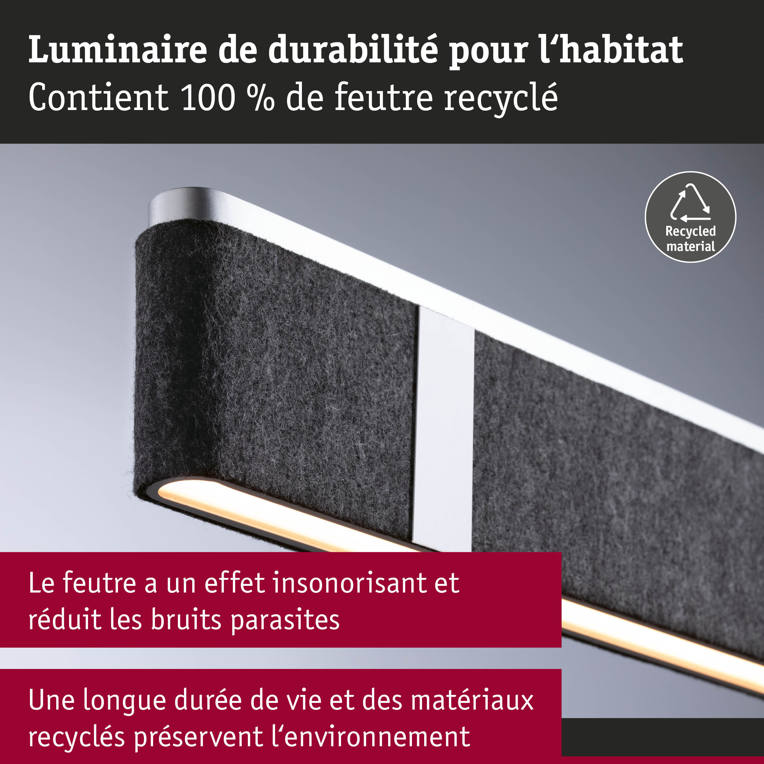 Luminaire durable pour habitat en feutre noir recyclé à 100% avec éclairage LED écoénergétique