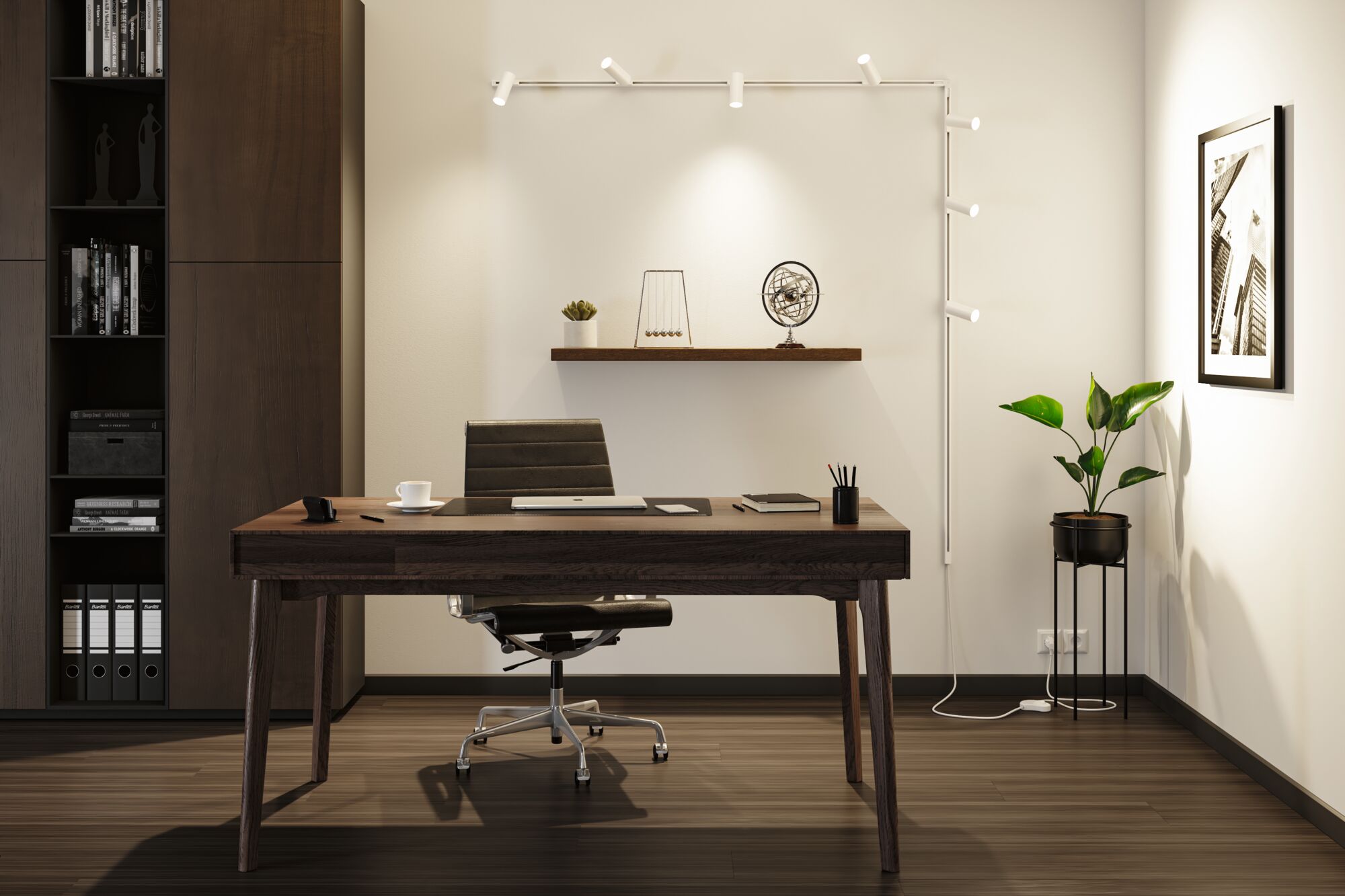 Moderne kantoorruimte met donkerhouten bureau, zwarte leren stoel en witte LED-railverlichting aan de muur.