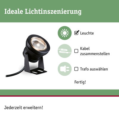Schwarze LED-Außenleuchte mit Halterung und Kabel für flexible Lichtinszenierung im Garten