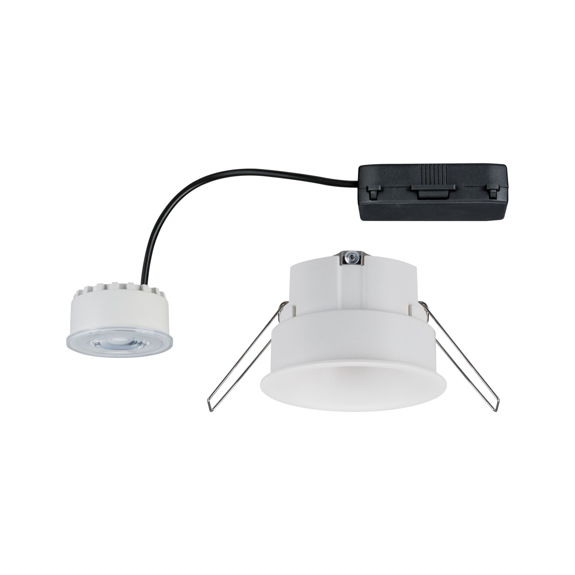 Witte LED-inbouwspot met zwarte kabel en metalen veren voor plafondmontage, energiezuinige verlichting