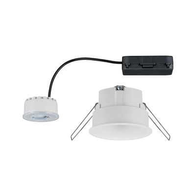 White LED recessed spotlight with black cable and metal springs for ceiling installation, energy-saving lighting