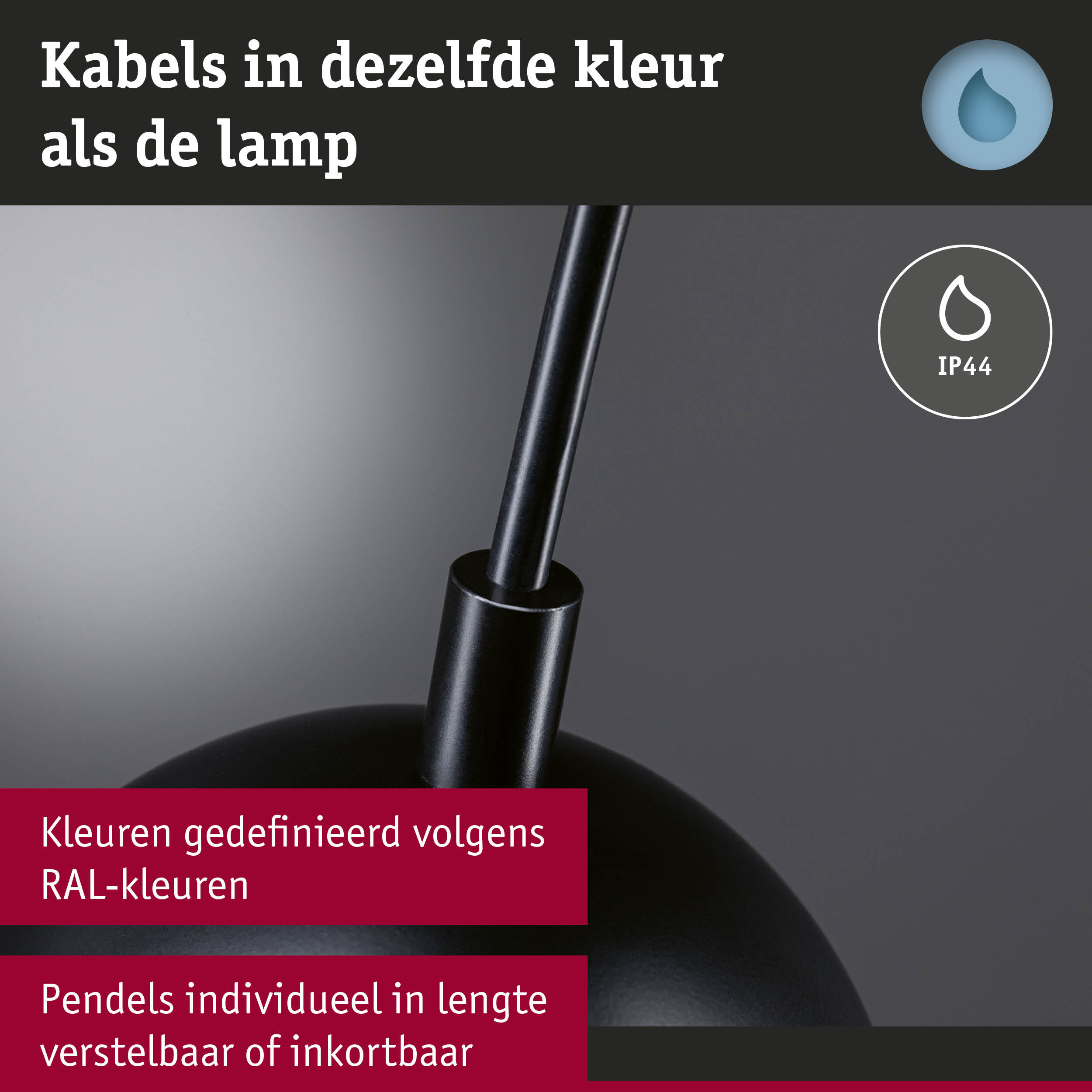 Zwarte lamp met kabel in dezelfde kleur, IP44 bescherming, verstelbare pendel voor binnenverlichting