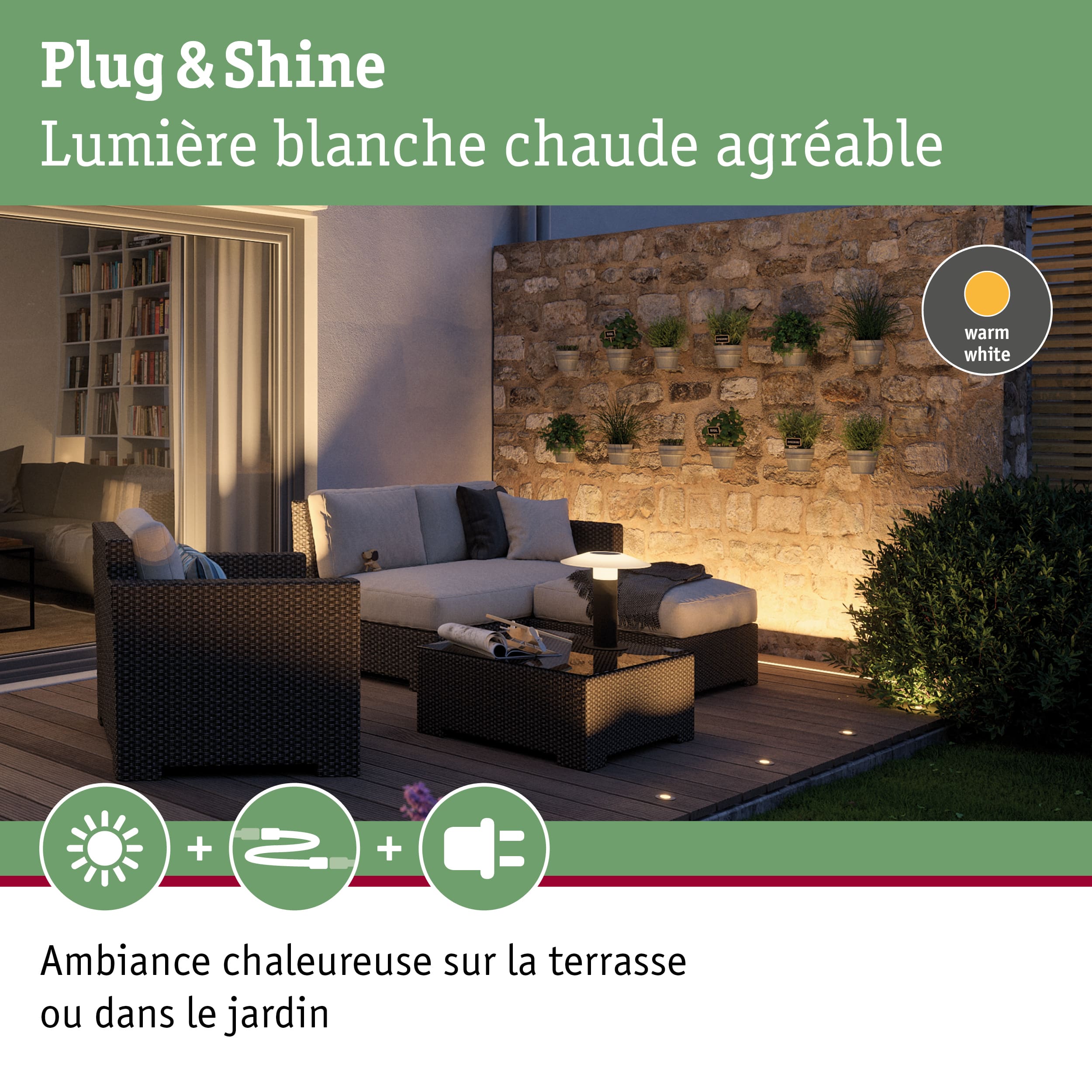 Terrasse accueillante avec éclairage extérieur LED Plug & Shine blanc chaud pour ambiance jardin