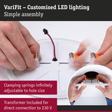 White LED recessed light with adjustable springs and transformer for direct 230 V connection