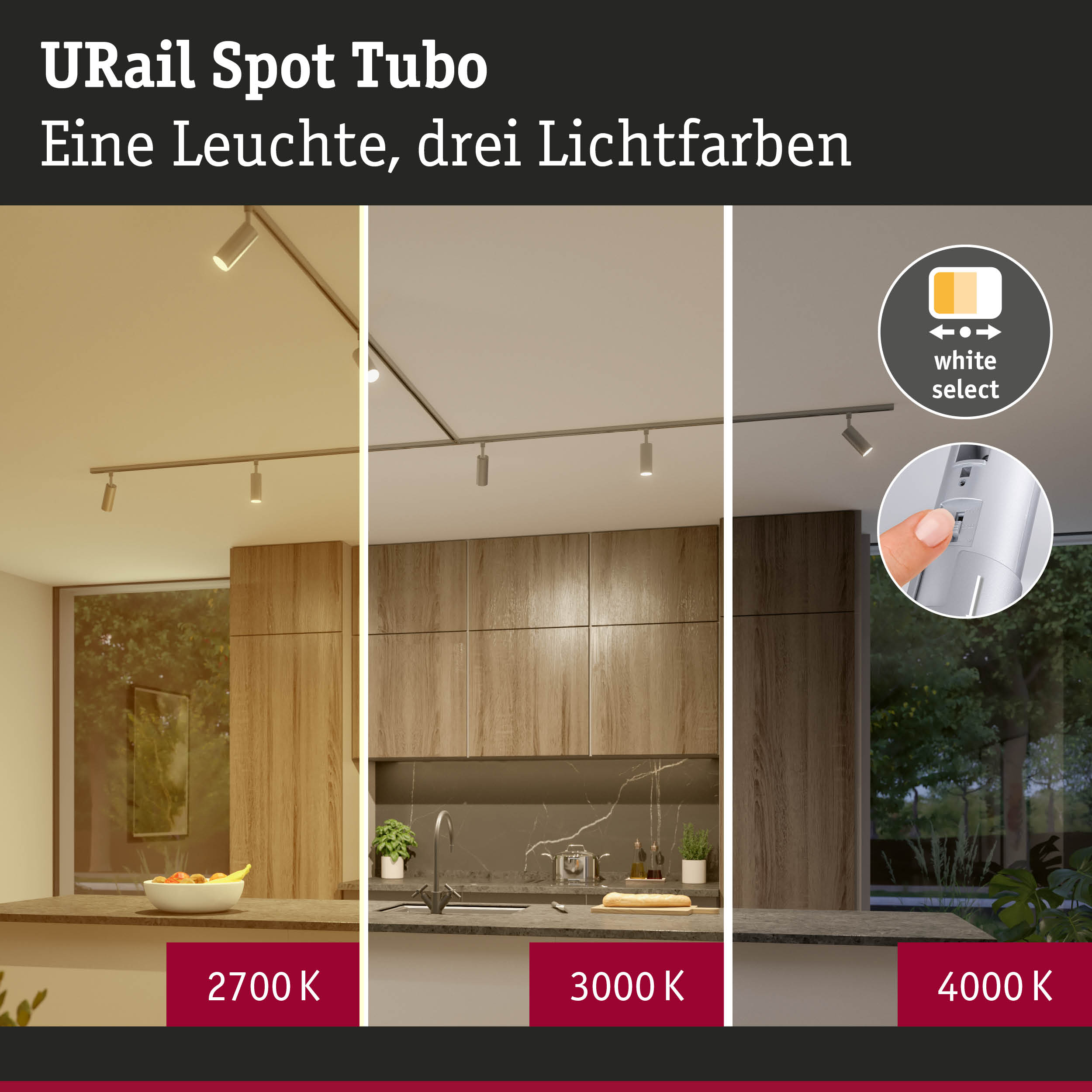 URail Spot Tubo Schienensystem mit drei einstellbaren Lichtfarben 2700K, 3000K, 4000K in Weiß