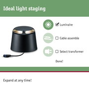 Black LED outdoor luminaire with cable and plug for garden lighting and light staging