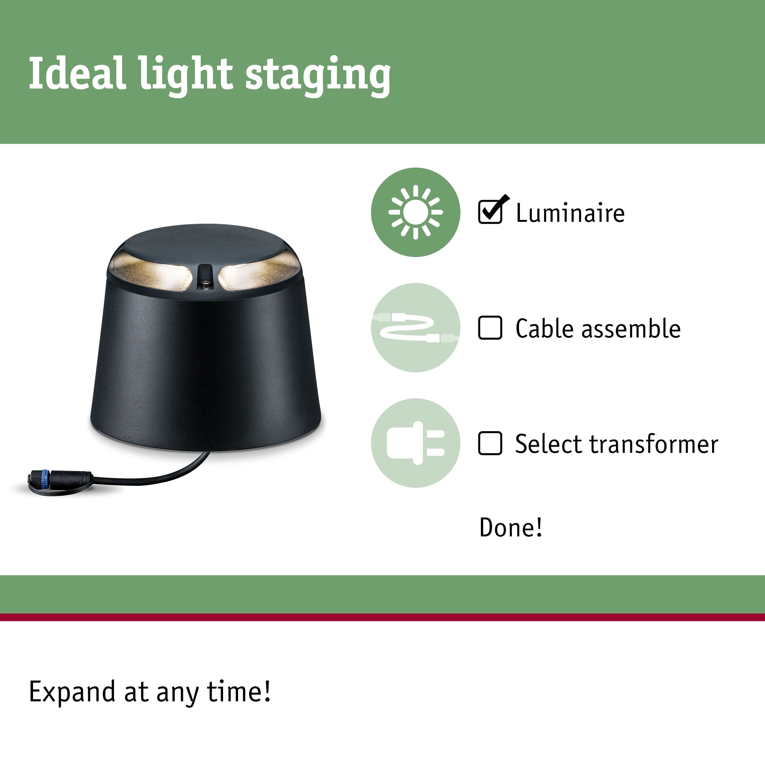 Black LED outdoor luminaire with cable and plug for garden lighting and light staging