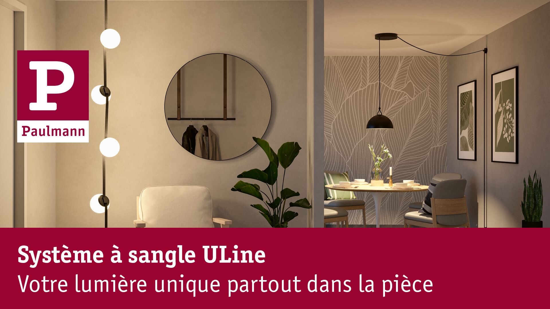 Salon moderne avec système à sangle ULine et miroir rond sur mur beige, décoration intérieure