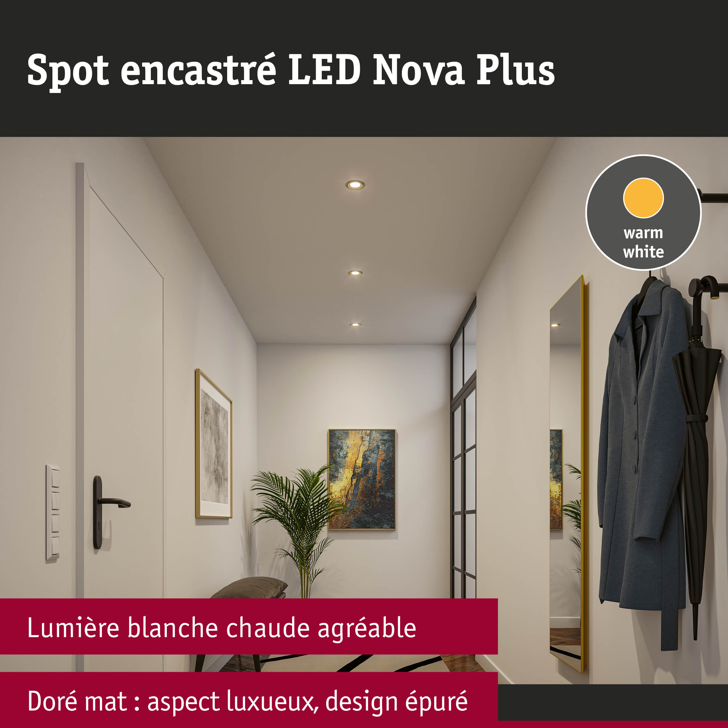 Spot encastré LED Nova Plus doré mat avec lumière blanc chaud pour un éclairage élégant