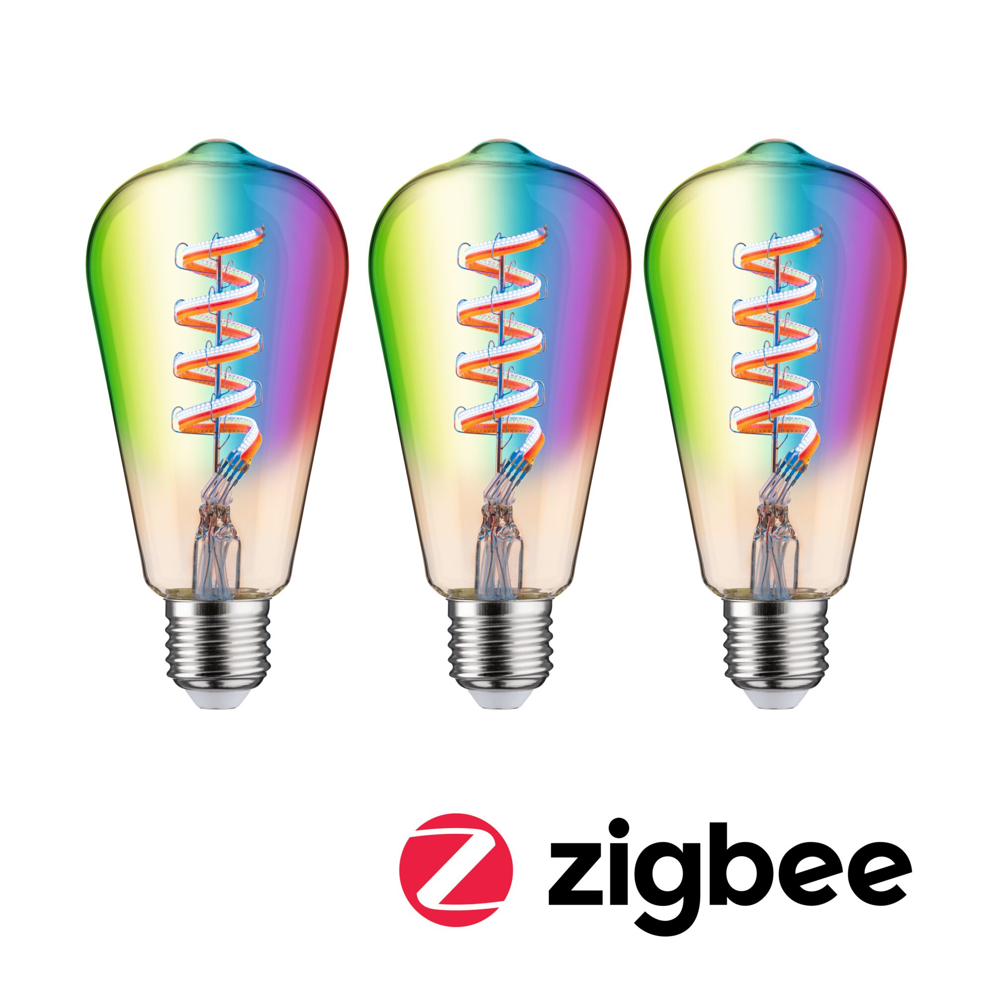 Żarnik 230V Smart Home Zigbee 3.0 LED Kukurydza ST64 E27 3x470lm 3x6,3W RGBW+ ściemnialny Złoty Three colorful LED bulbs with spiral filament and E27 base, compatible with Zigbee smart lighting systems