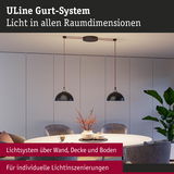 Modernes ULine Gurt-System mit schwarzen Hängeleuchten über rundem Tisch in hellem Raum