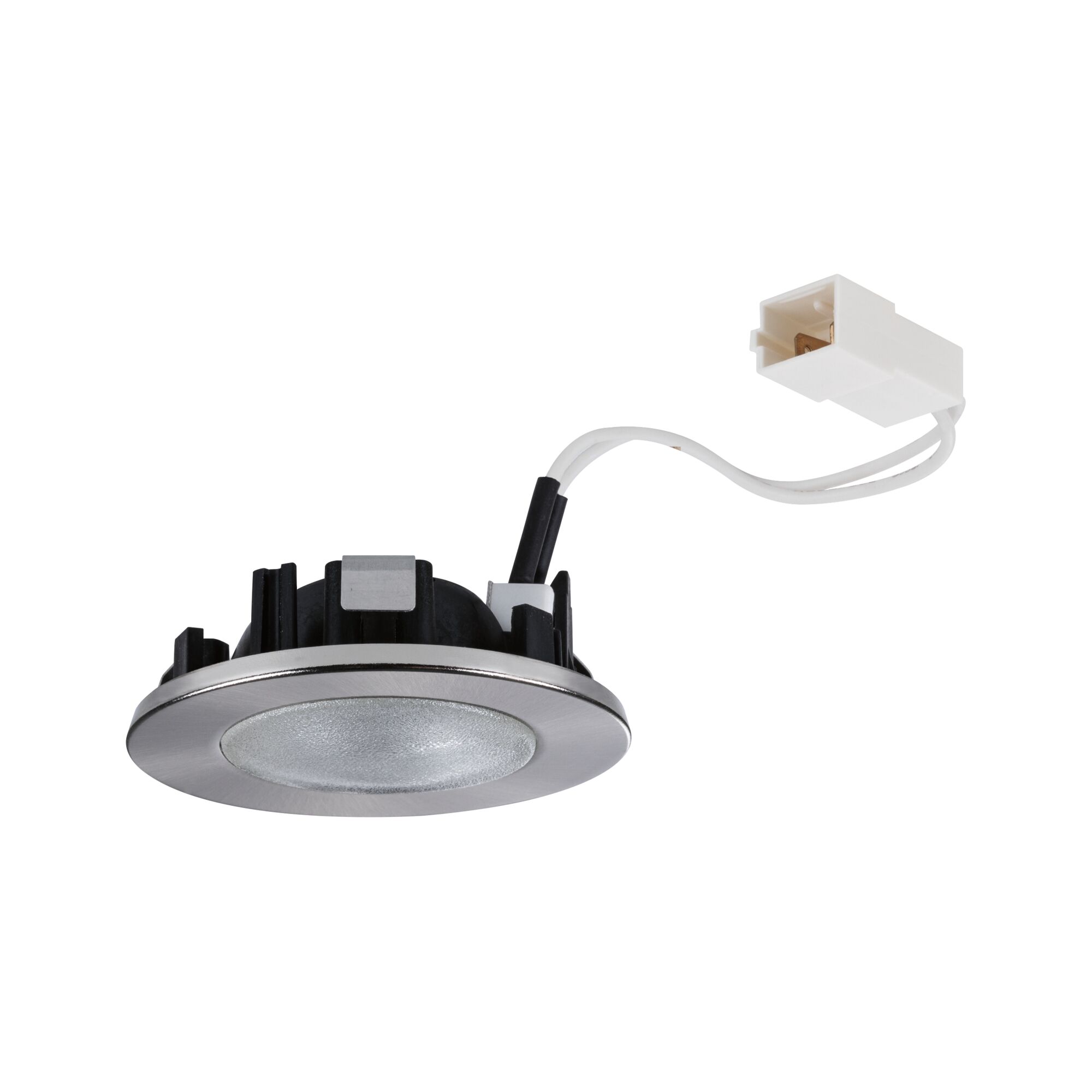 Ronde inbouw-LED-lamp van geborsteld aluminium met witte kabelconnector voor binnenverlichting