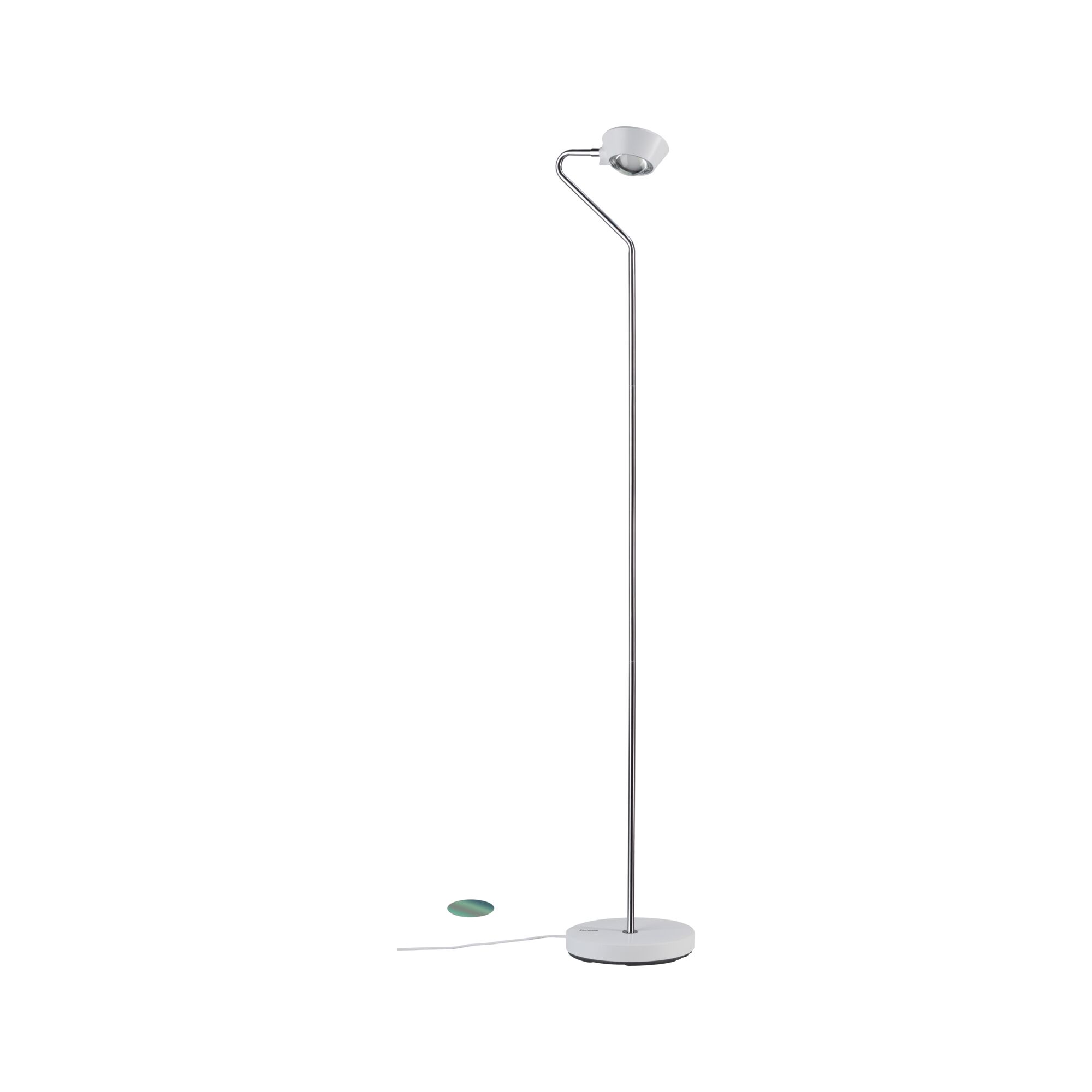 Modern floor lamp with white metal base and adjustable chrome arm for focused lighting