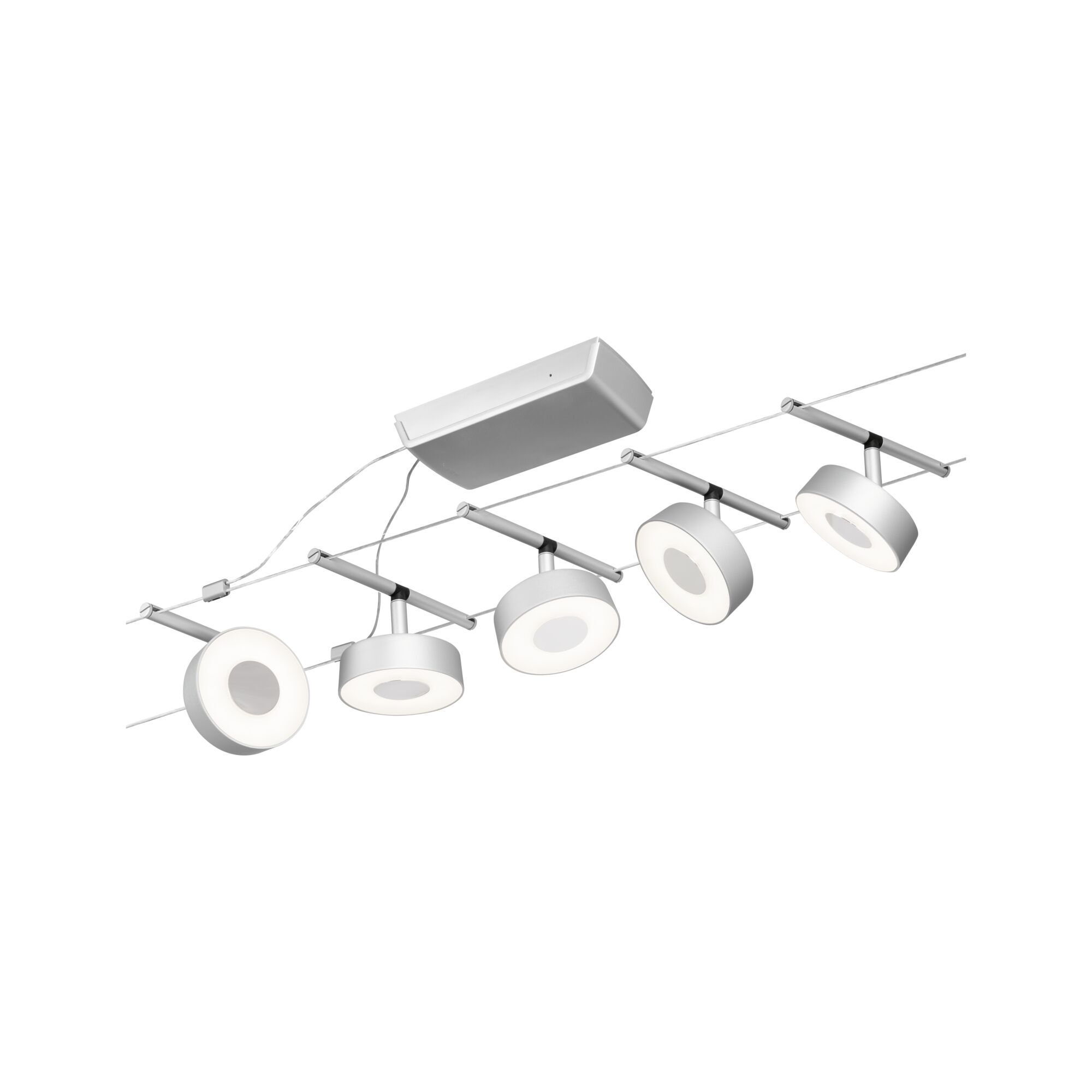 Modern LED cable system with five round white lights and silver mounts for flexible room lighting