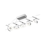Modern LED cable system with five round white lights and silver mounts for flexible room lighting