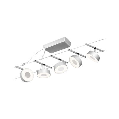 Modern LED cable system with five round white lights and silver mounts for flexible room lighting