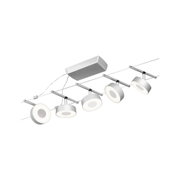 Modernes LED-Seilsystem mit fünf runden weißen Leuchten und silbernen Halterungen für flexible Raumbeleuchtung