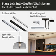 Modulares URail-Schienensystem mit schwarzen und weißen Schienen, Steckern und Pendelleuchten für flexible Beleuchtung
