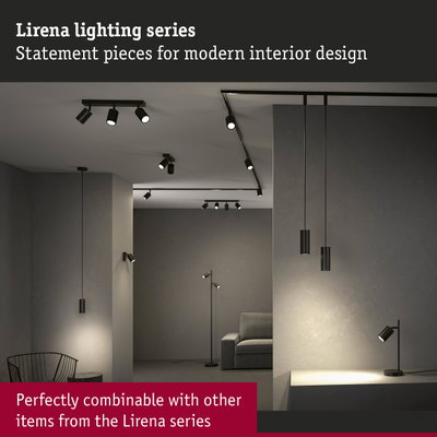 Black Lirena LED ceiling and pendant lights in modern living room with grey walls interior design