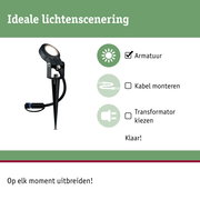 Zwarte LED-tuinschijnwerper met grondpen en kabel voor buitenverlichting.