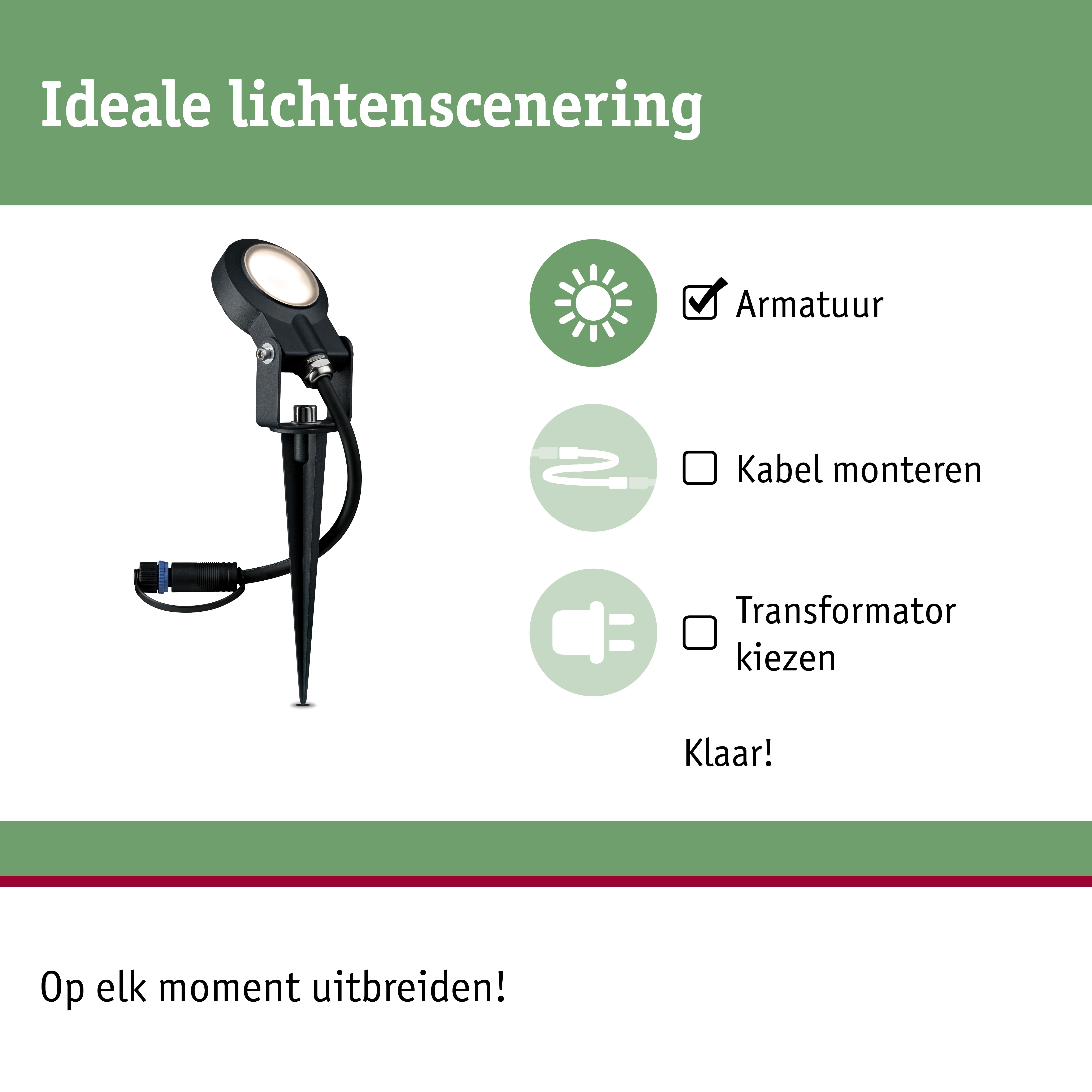 Zwarte LED-tuinschijnwerper met grondpen en kabel voor buitenverlichting.