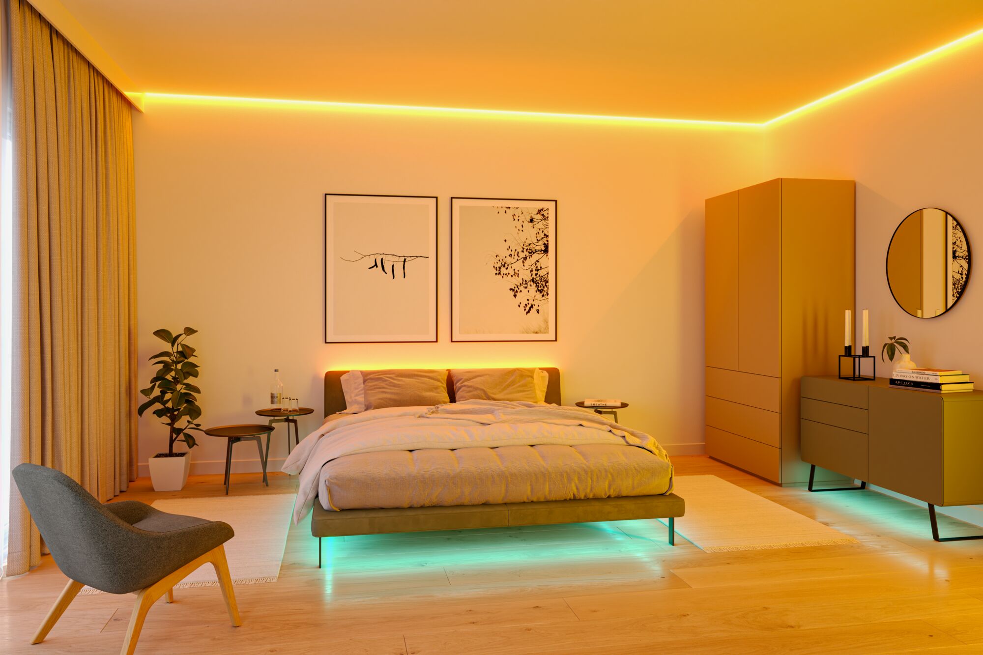 Modernes Schlafzimmer mit LED-Streifenbeleuchtung in warmem Gelb und kühlem Blau für stimmungsvolle Atmosphäre