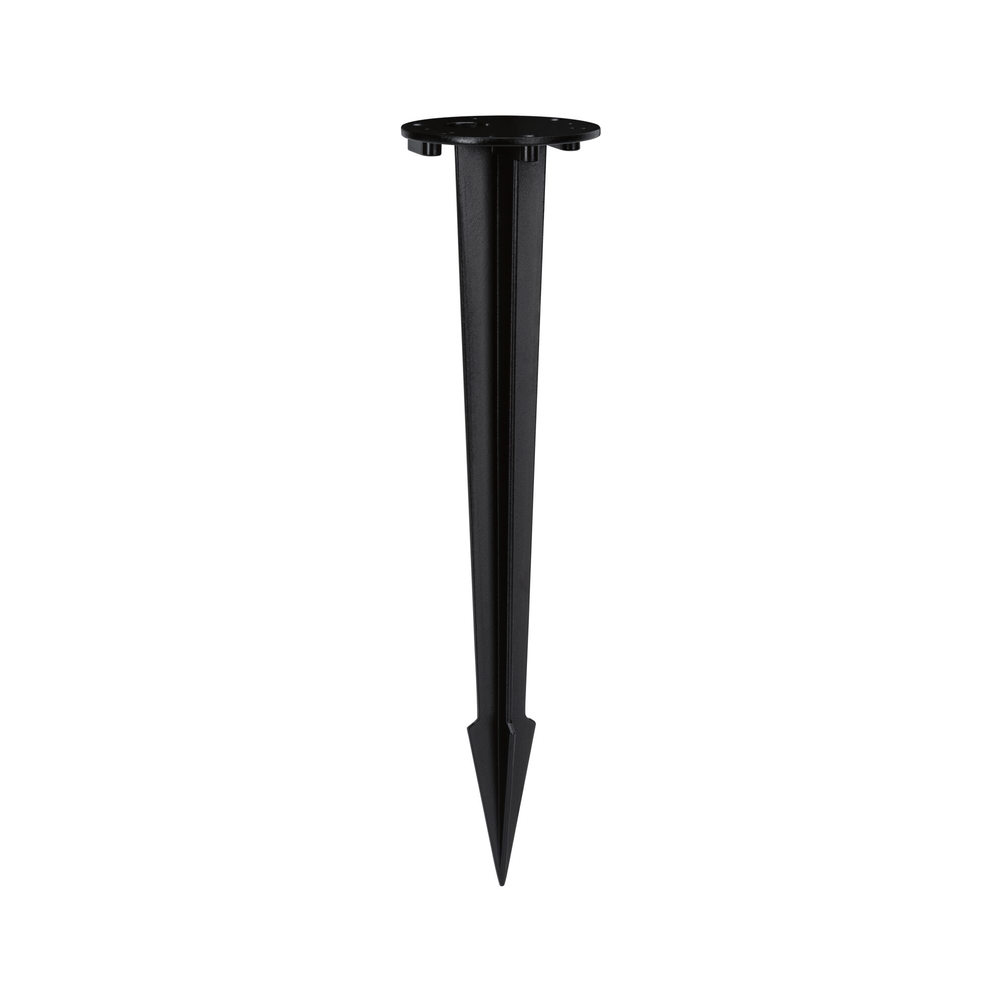 Black metal ground spike with round mounting plate for outdoor lighting and garden lamps