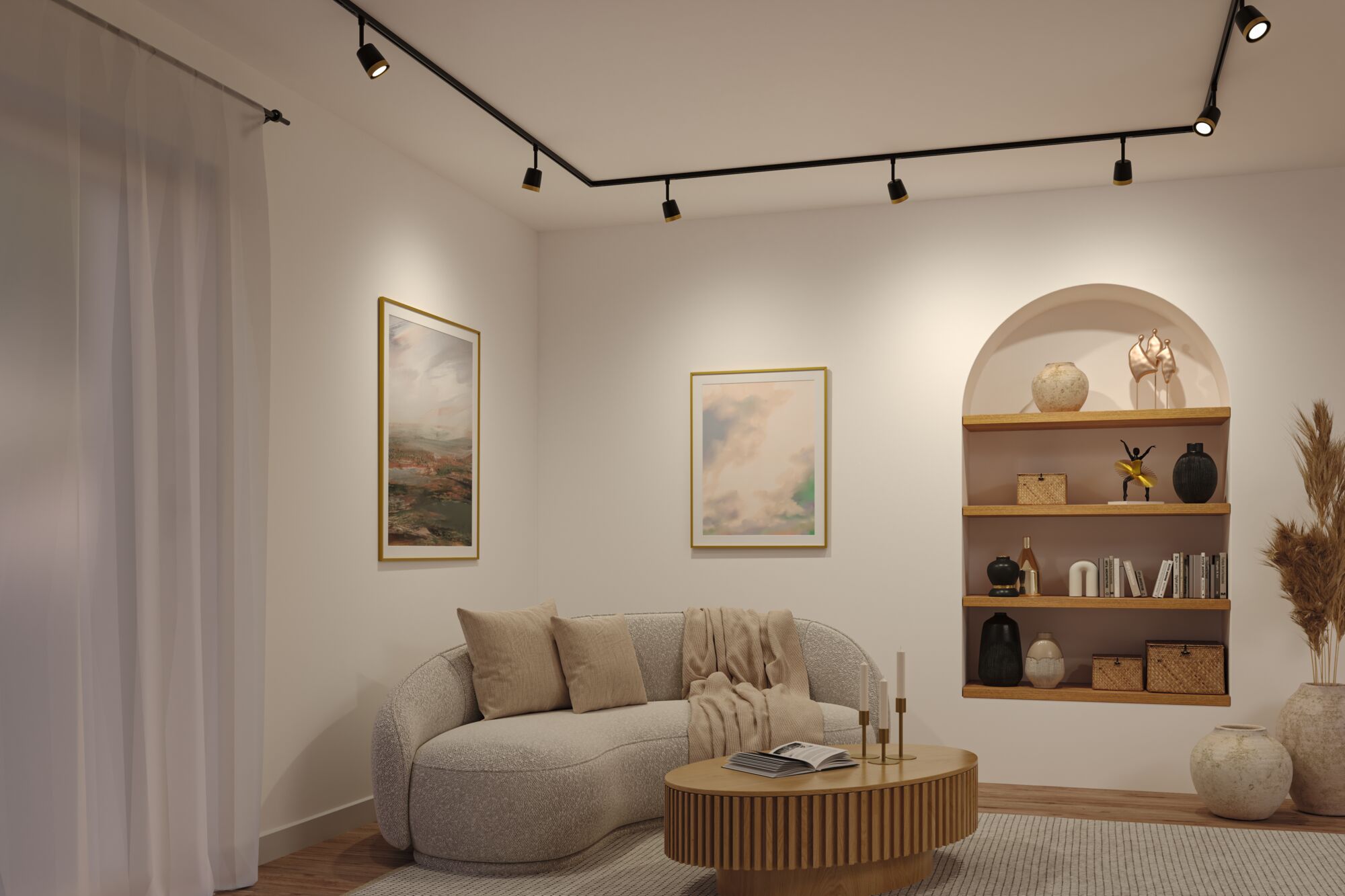 Moderne stue med sort LED-skinnebelysning, beige sofa og træhylde med dekoration