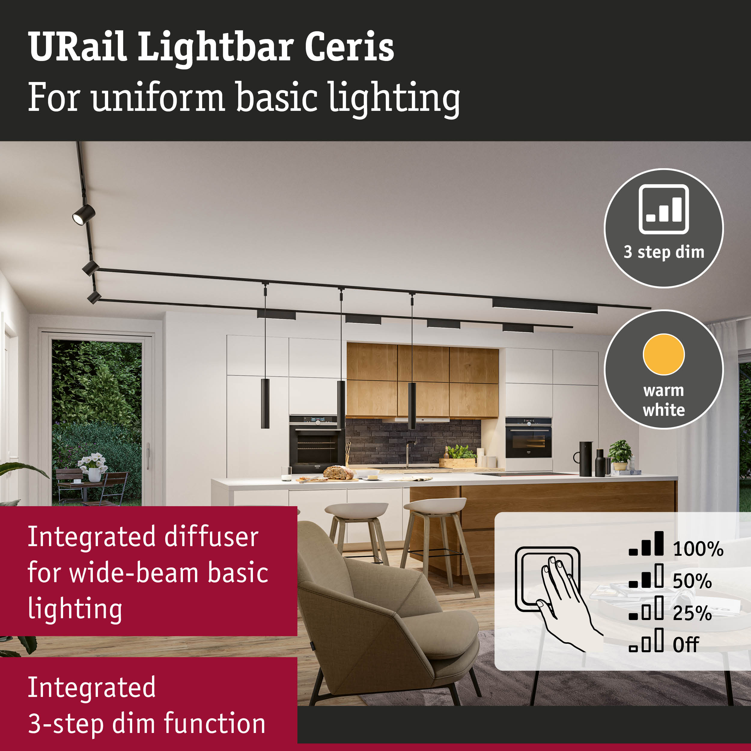 Black URail Lightbar Ceris track lighting with integrated 3-step dim function for uniform basic lighting