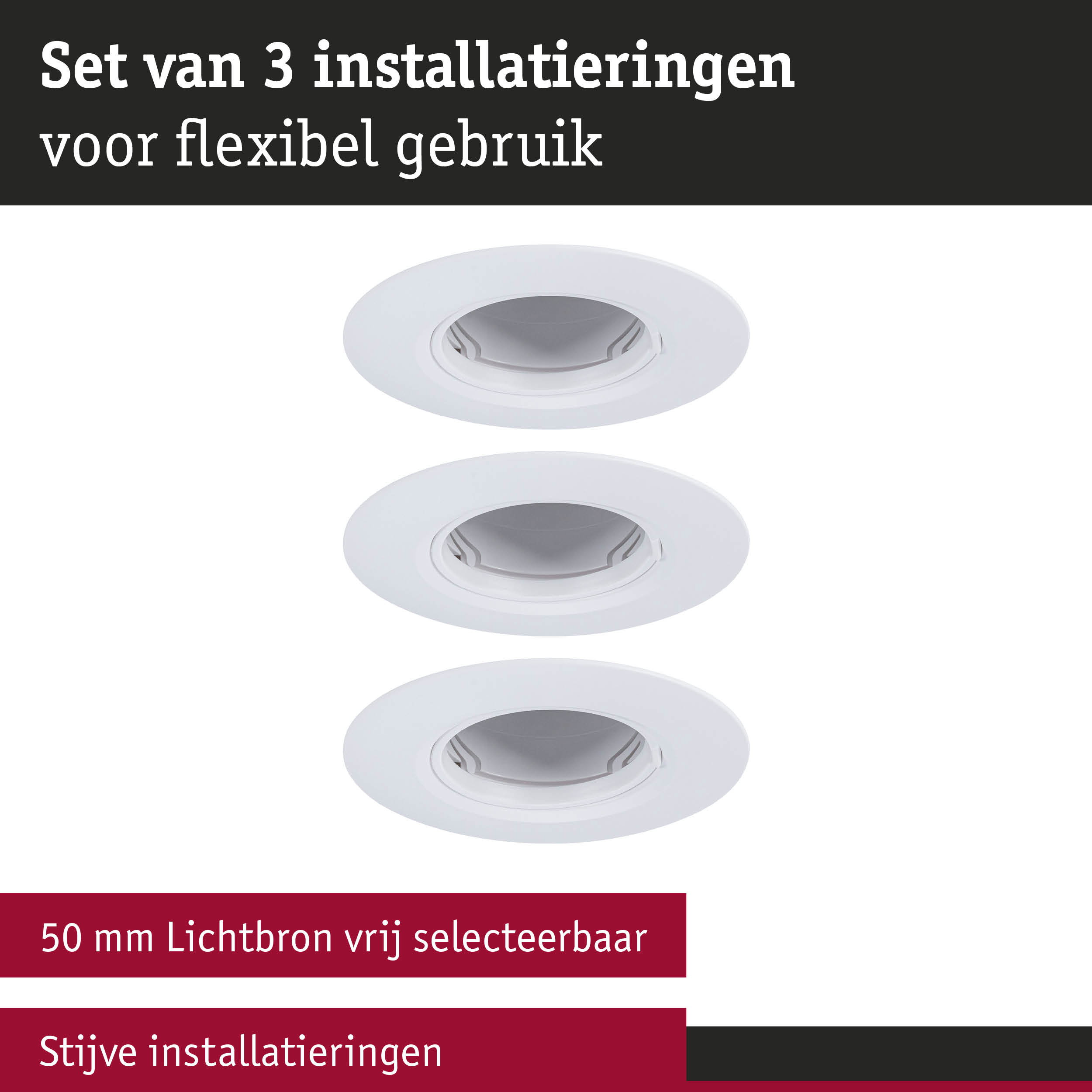 Set van 3 witte inbouwframes voor flexibele LED-verlichting met 50 mm lichtbron