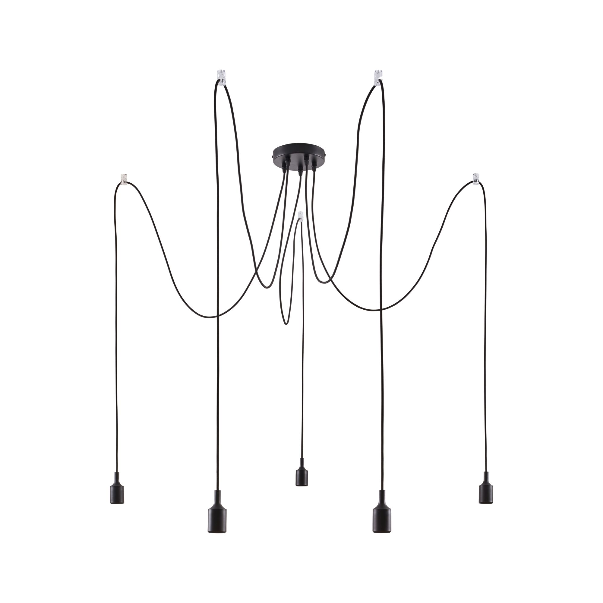 Moderne schwarze Pendelleuchte mit fünf Kabeln und minimalistischen Fassungen für LED-Lampen.