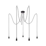 Moderne zwarte hanglamp met vijf kabels en minimalistische fittingen voor LED-lampen.