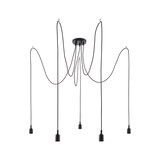 Moderne schwarze Pendelleuchte mit fünf Kabeln und minimalistischen Fassungen für LED-Lampen.