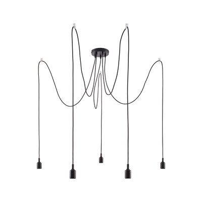 Moderne schwarze Pendelleuchte mit fünf Kabeln und minimalistischen Fassungen für LED-Lampen.