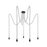 Suspension noire moderne avec cinq câbles et douilles minimalistes pour ampoules LED.