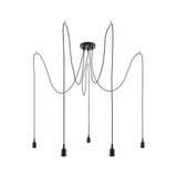 Modern black pendant light with five cables and minimalist sockets for LED bulbs.