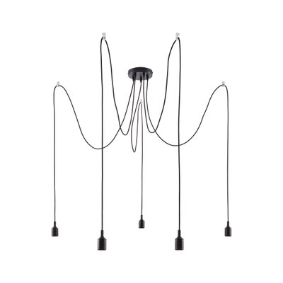 Modern black pendant light with five cables and minimalist sockets for LED bulbs.