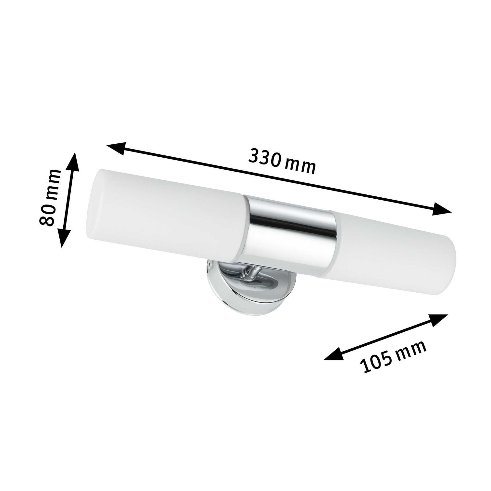 Chromfarbene Wandlampe mit weißem Glas, 330 mm lang, modernes LED-Badezimmerlicht