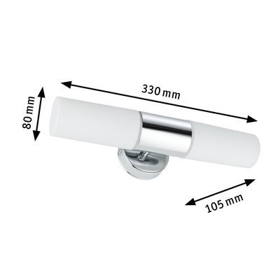 Chromfarbene Wandlampe mit weißem Glas, 330 mm lang, modernes LED-Badezimmerlicht