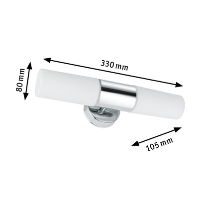 Chromfarbene Wandlampe mit weißem Glas, 330 mm lang, modernes LED-Badezimmerlicht