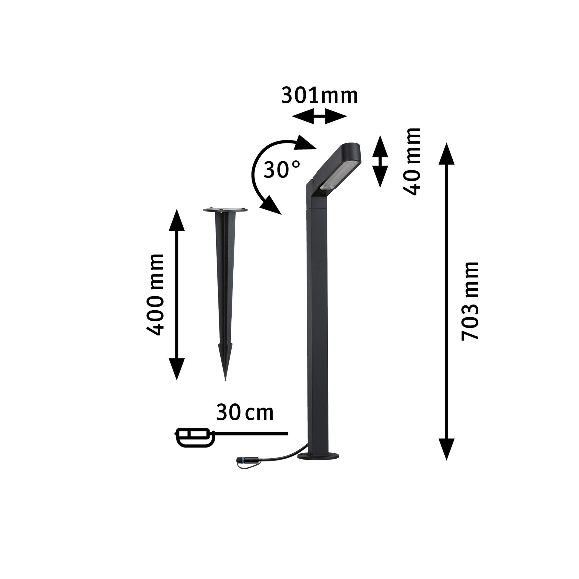 Black metal LED outdoor light with ground spike, 703 mm height, 30° adjustable, garden lighting