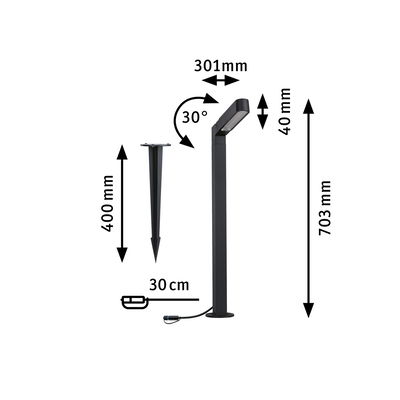 Black metal LED outdoor light with ground spike, 703 mm height, 30° adjustable, garden lighting