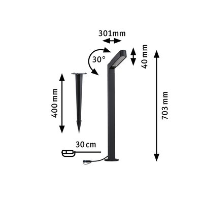 Black metal LED outdoor light with ground spike, 703 mm height, 30° adjustable, garden lighting