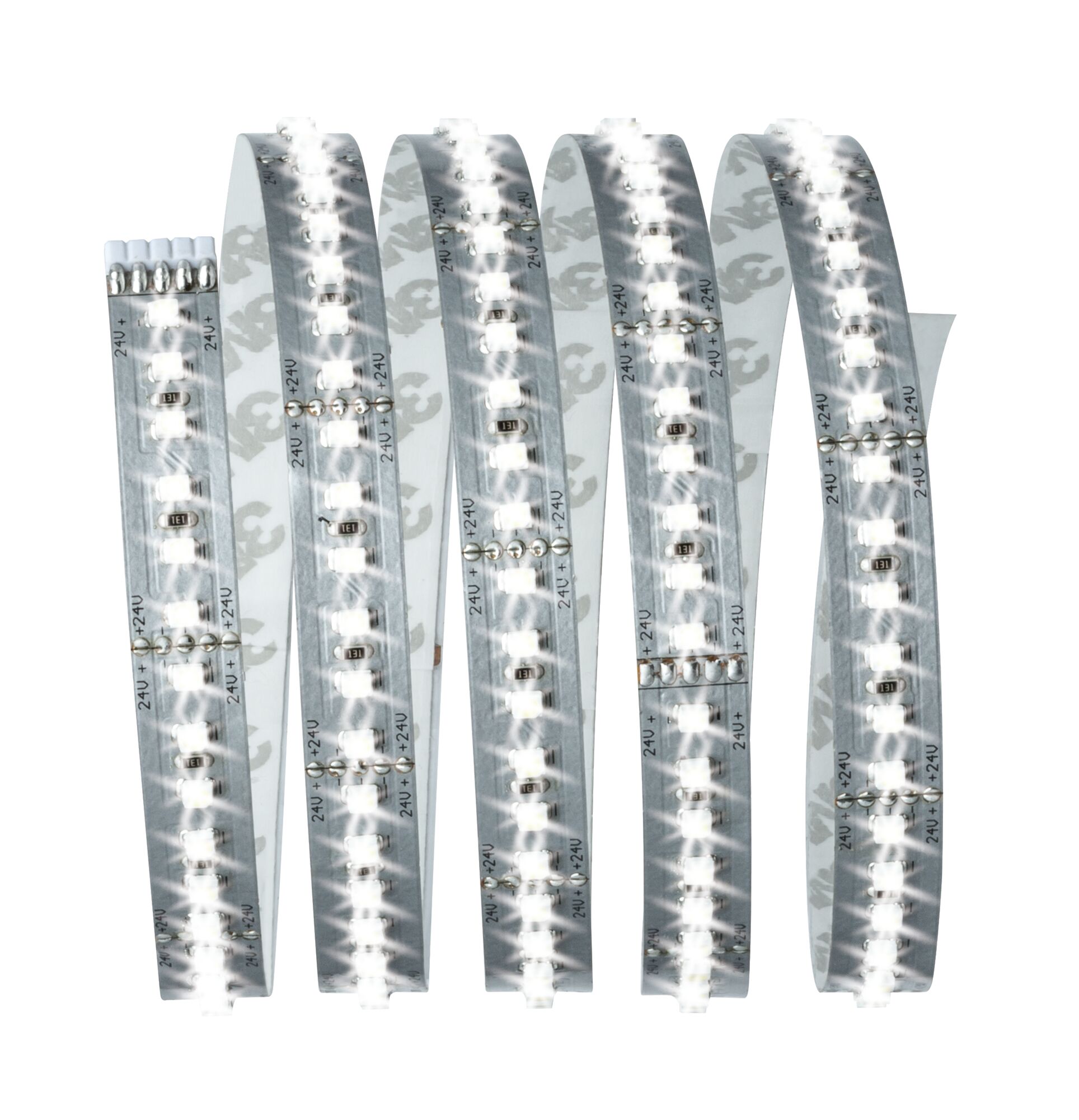 Flexible LED strip with white LEDs on silver circuit board for modern lighting applications