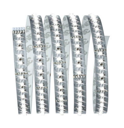 Flexible LED strip with white LEDs on silver circuit board for modern lighting applications