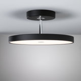 Modern black ceiling light with round design and white plastic diffuser for living spaces