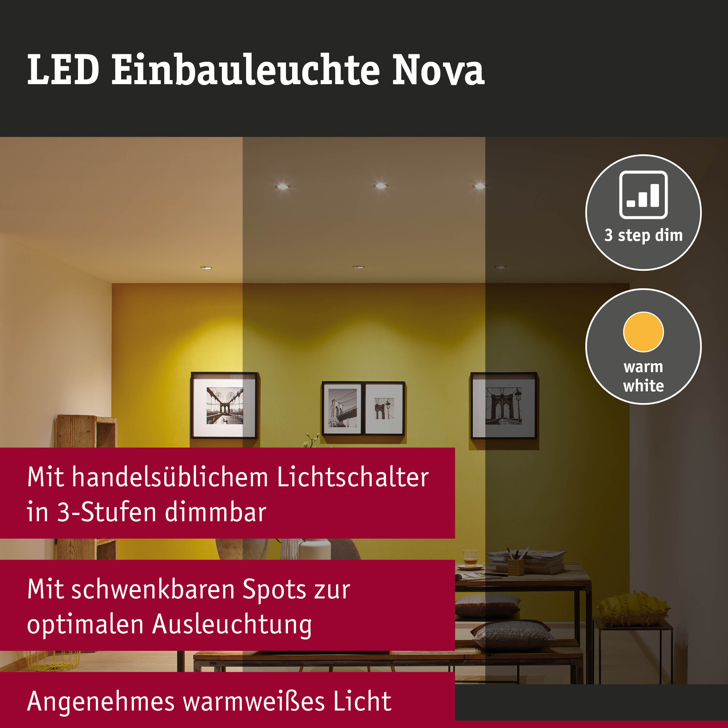 LED Einbauleuchte 3-Step-Dim Nova schwenkbar rund 84mm 50° GU10 6,5W 460lm 230V dimmbar 2700K Weiß matt