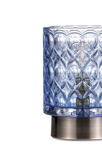 Blauwe glazen tafellamp met patroon en geborstelde metalen voet, decoratieve LED-verlichting