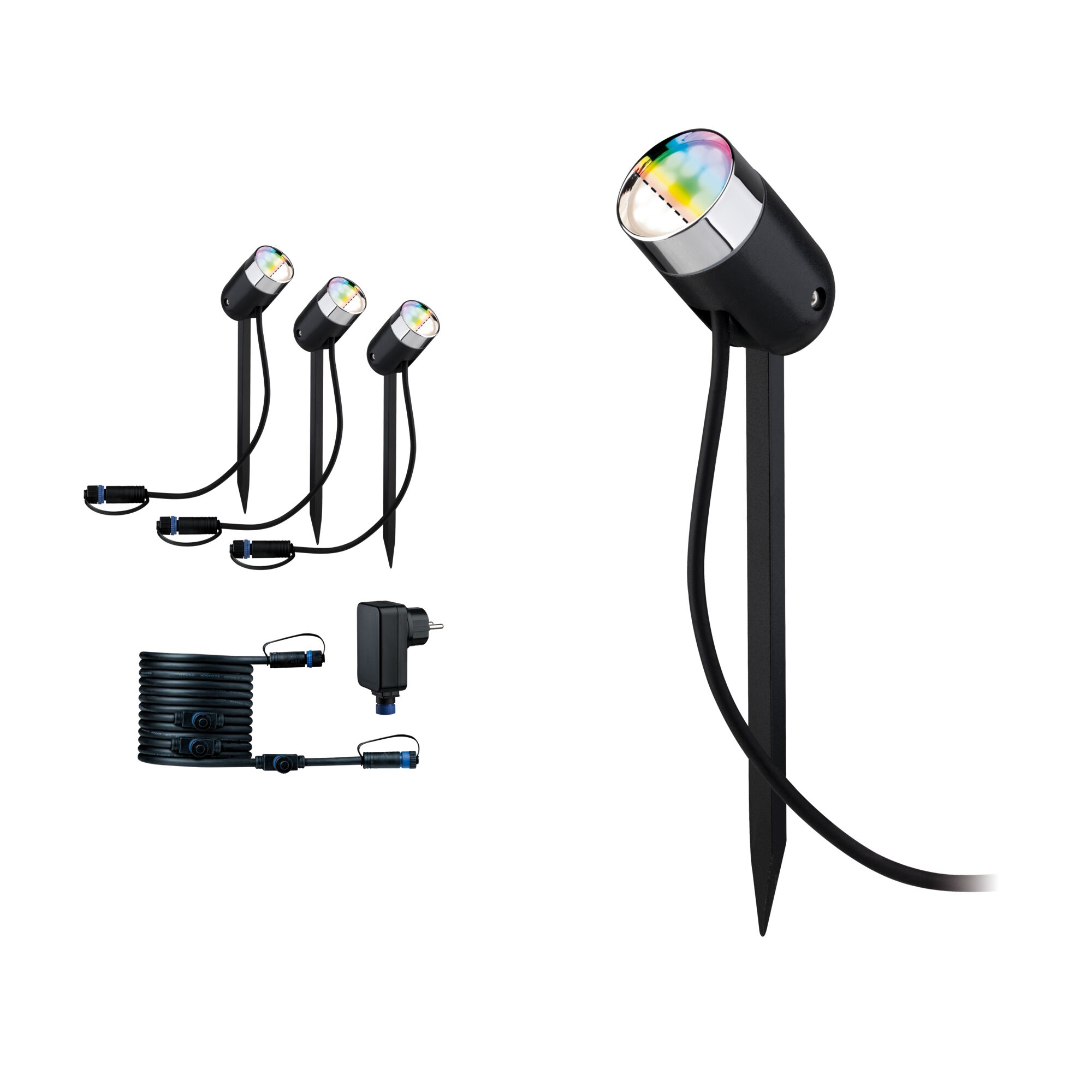Set mit drei schwarzen LED-Gartenstrahlern mit Erdspießen und Anschlusskabel für Außenbeleuchtung