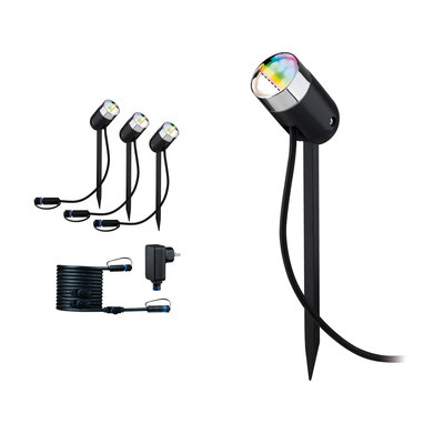 Set mit drei schwarzen LED-Gartenstrahlern mit Erdspießen und Anschlusskabel für Außenbeleuchtung